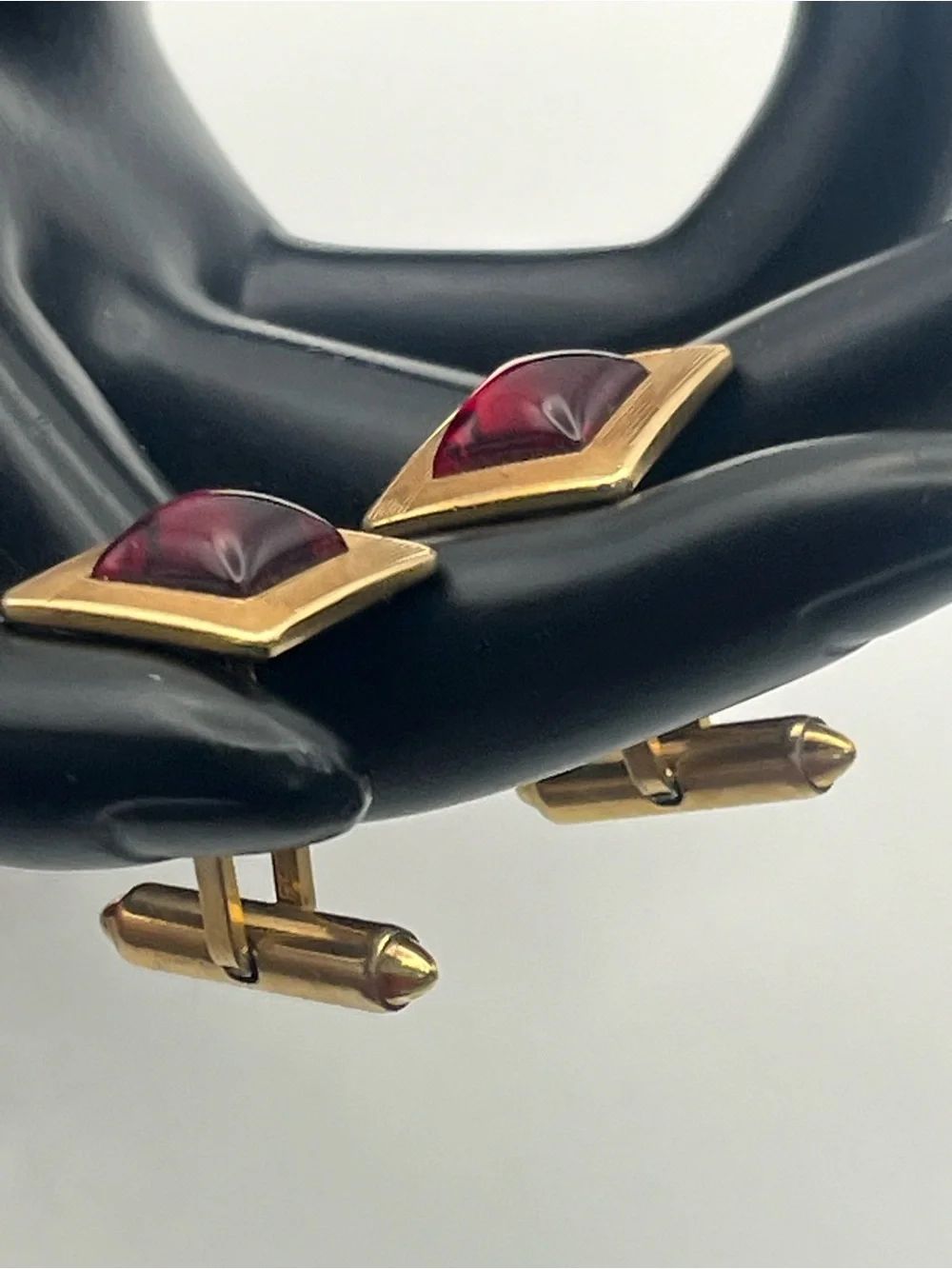 Krementz red lucite gold tone square textured vintage MCM cufflinks